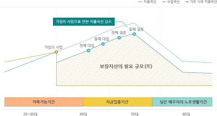 가장의 사망시 라이프사이클 그림으로  20~30대는 저축하는 기간, 40대에서 50대 초반까지는 자금집중기간, 그 이후는 남은 배우자의 노후생활기간이다. 가장이 저축가능기간에 사망시 보장자산의 필요규모가 점차적으로 상승하며 첫째 대입, 둘째 대입, 첫째 결혼, 둘째 결혼을 마지막으로 지출곡선이 감소한다.