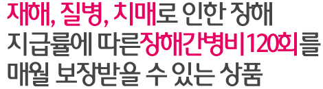 재해, 질병, 치매로인한 장해지급률에 따른 장해간병비 120회를 매월 보장받을 수 있는 상품