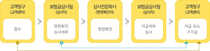 고객창구(고객센터)접수, 보험금 심사팀(심사자) 현장확인 심사여부, 심사전문회사(현장확인자)현장확인, 보험금심사팀(심사자) 지급여부 심사, 고객창구(텔러) 지급 또는  불지급