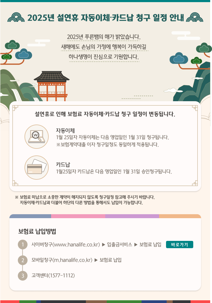 2025년 설연휴 자동이체, 카드납 청구 안내